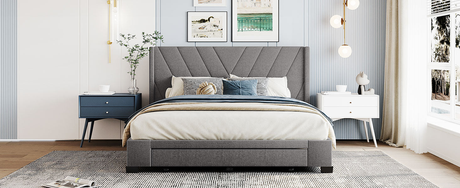 Queen Size Storage Bed Linen Upholstered Platform Bed With 3 Drawers Gray Gray Upholstered