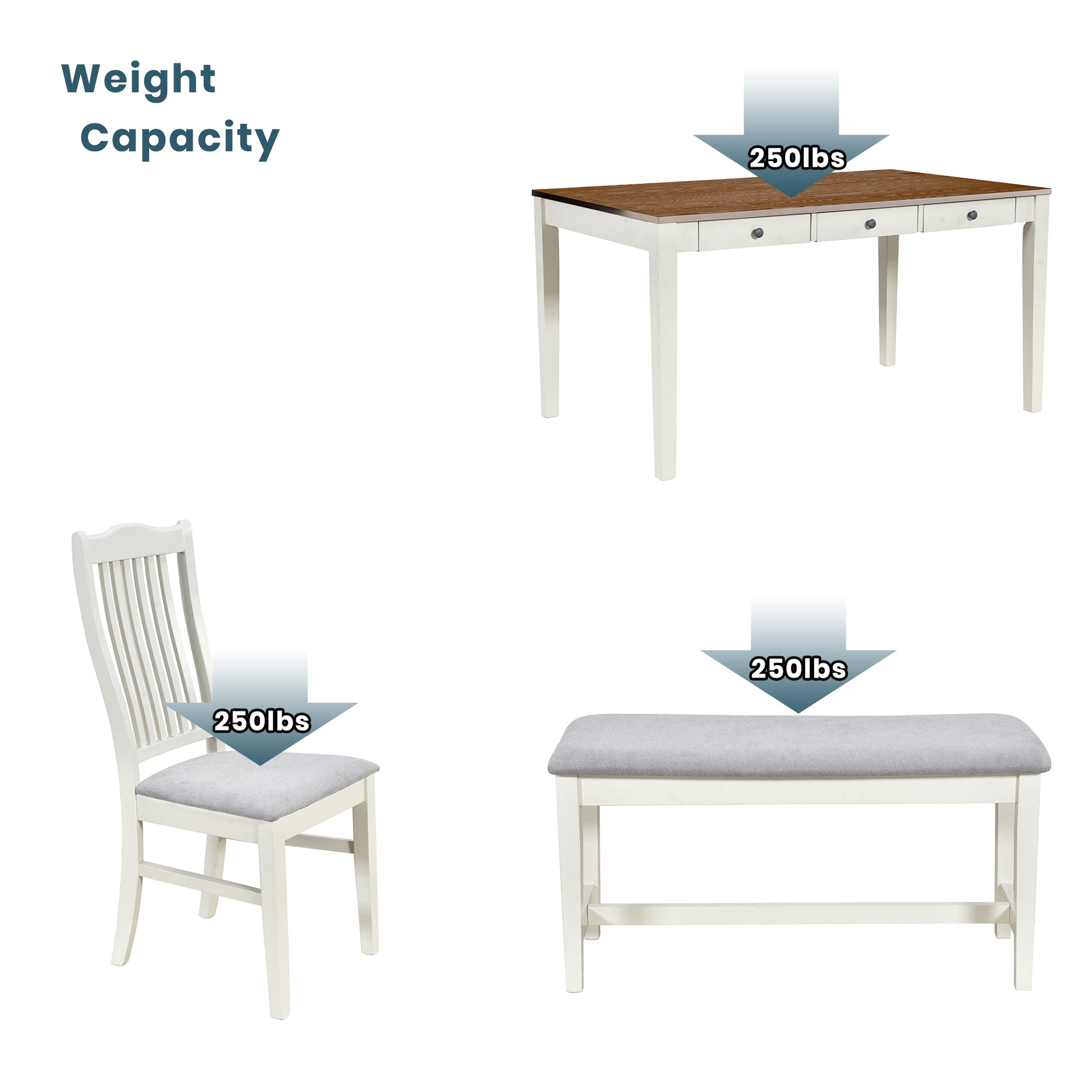 Mid Century 6 Piece Wood Dining Table Set, Kitchen Table Set With Drawer, Upholstered Chairs And Bench, Butter Milk White Wood Dining Room Solid Wood Rubberwood Rectangular Dining Table With Chair And Bench Upholstered Chair Wood Grey Solid Back Seats 6