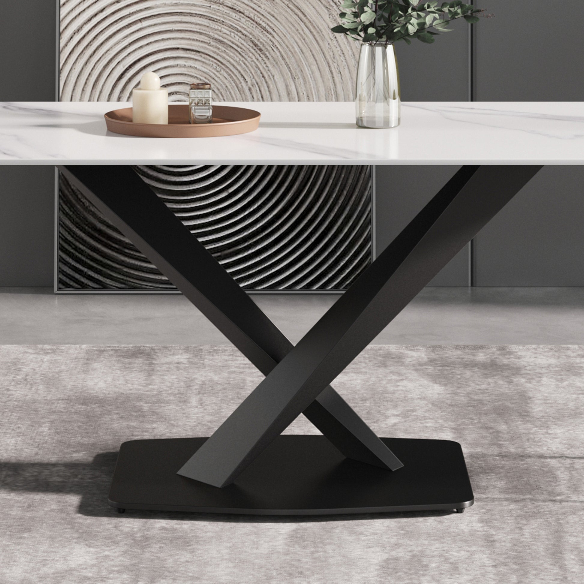 63 Inch Modern Artificial Stone White Straight Edge Black Metal X Leg Dining Table 6 People White Metal Sintered Stone