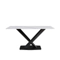 63 Inch Modern Artificial Stone White Straight Edge Black Metal X Leg Dining Table 6 People White Metal Sintered Stone