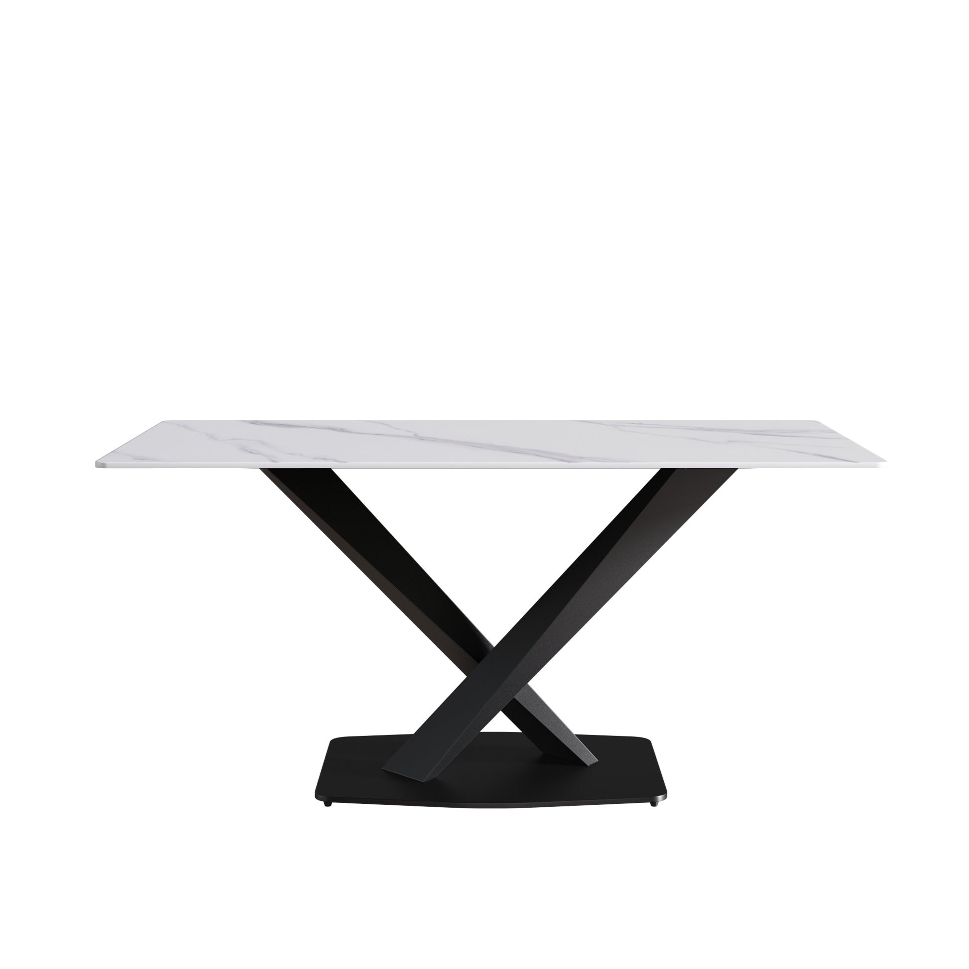 63 Inch Modern Artificial Stone White Straight Edge Black Metal X Leg Dining Table 6 People White Metal Sintered Stone