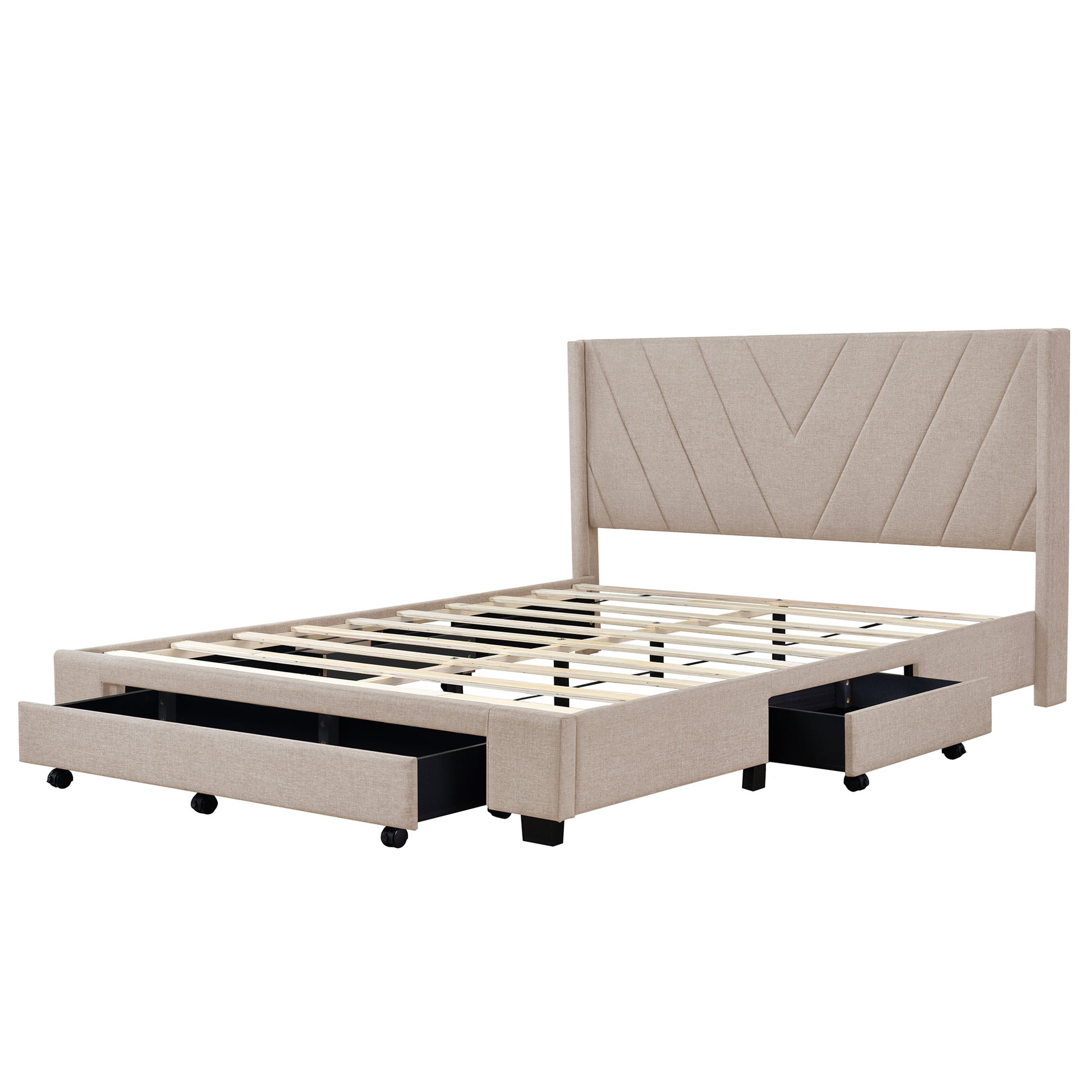 Queen Size Storage Bed Linen Upholstered Platform Bed With 3 Drawers Beige Beige Upholstered