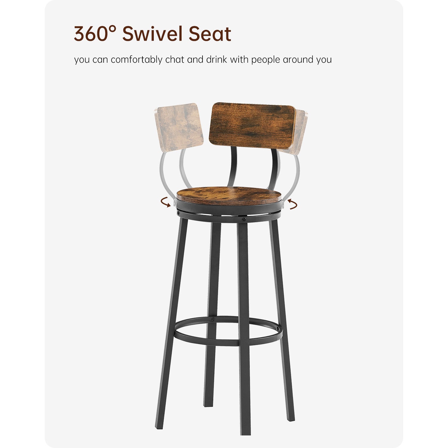 Swivel Bar Stool Set Of 2 With Backrest, Industrial Style, Metal Frame, 29.5'' High For Dining Room. Rustic Brown, 13.4''W X 40.5''H. Wood Rustic Brown Seats 2 Brown Dining Room American Design,Industrial Particle Board Particle Board