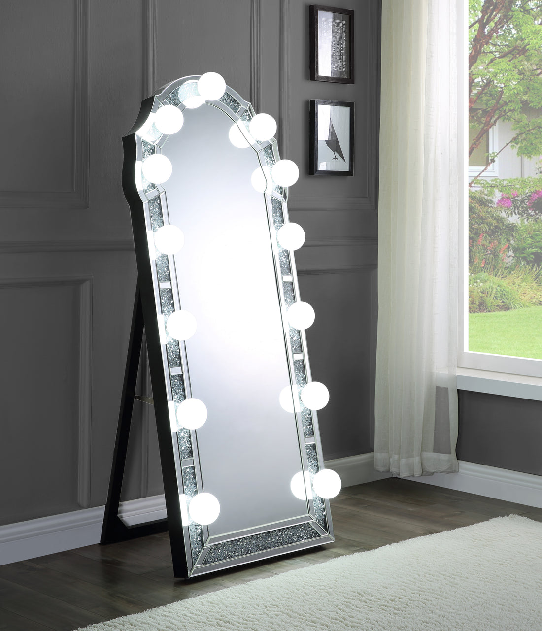 Noralie Accent Floor Mirror In Mirrored & Faux Diamonds 97983 Silver Glass