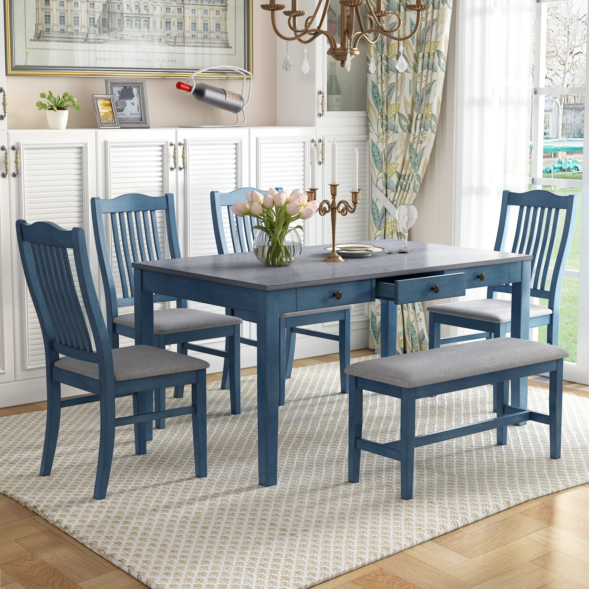 Mid Century 6 Piece Wood Dining Table Set, Kitchen Table Set With Drawer, Upholstered Chairs And Bench, Antique Blue Wood Dining Room Solid Wood Rubberwood Rectangular Dining Table With Chair And Bench Wood Wood Antique Blue Solid Back Seats 6 Mid