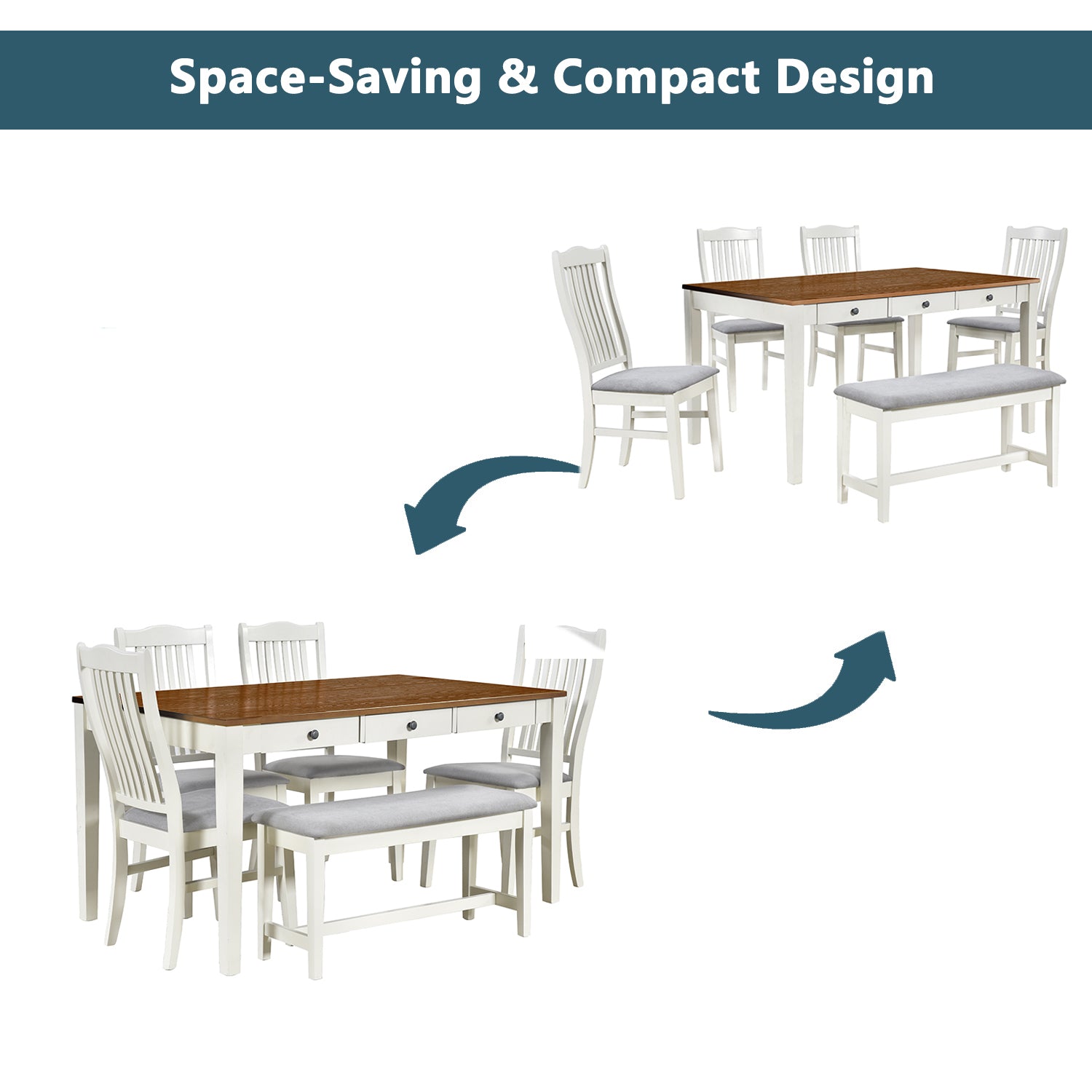 Mid Century 6 Piece Wood Dining Table Set, Kitchen Table Set With Drawer, Upholstered Chairs And Bench, Butter Milk White Wood Dining Room Solid Wood Rubberwood Rectangular Dining Table With Chair And Bench Upholstered Chair Wood Grey Solid Back Seats 6