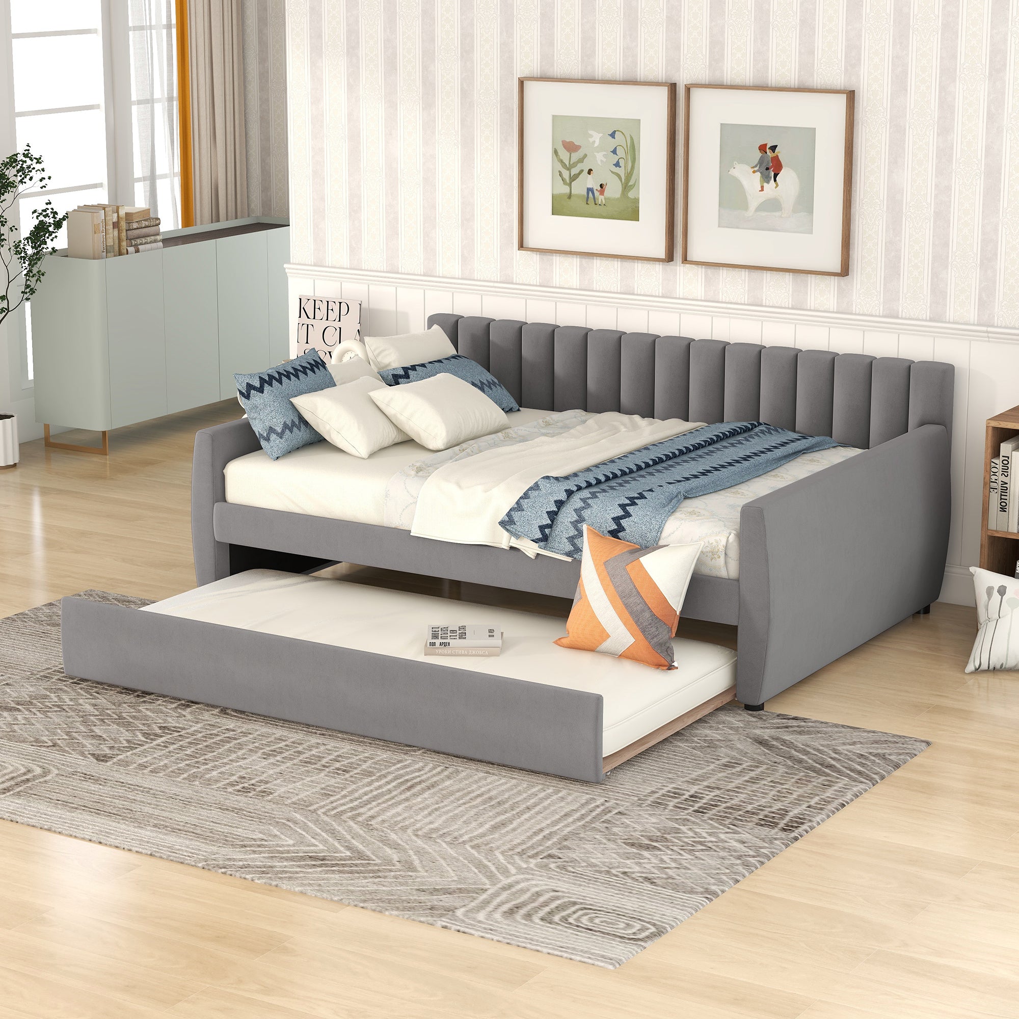 Full Size Upholstered Daybed With Trundle And Wood Slat Support, Gray Gray Velvet