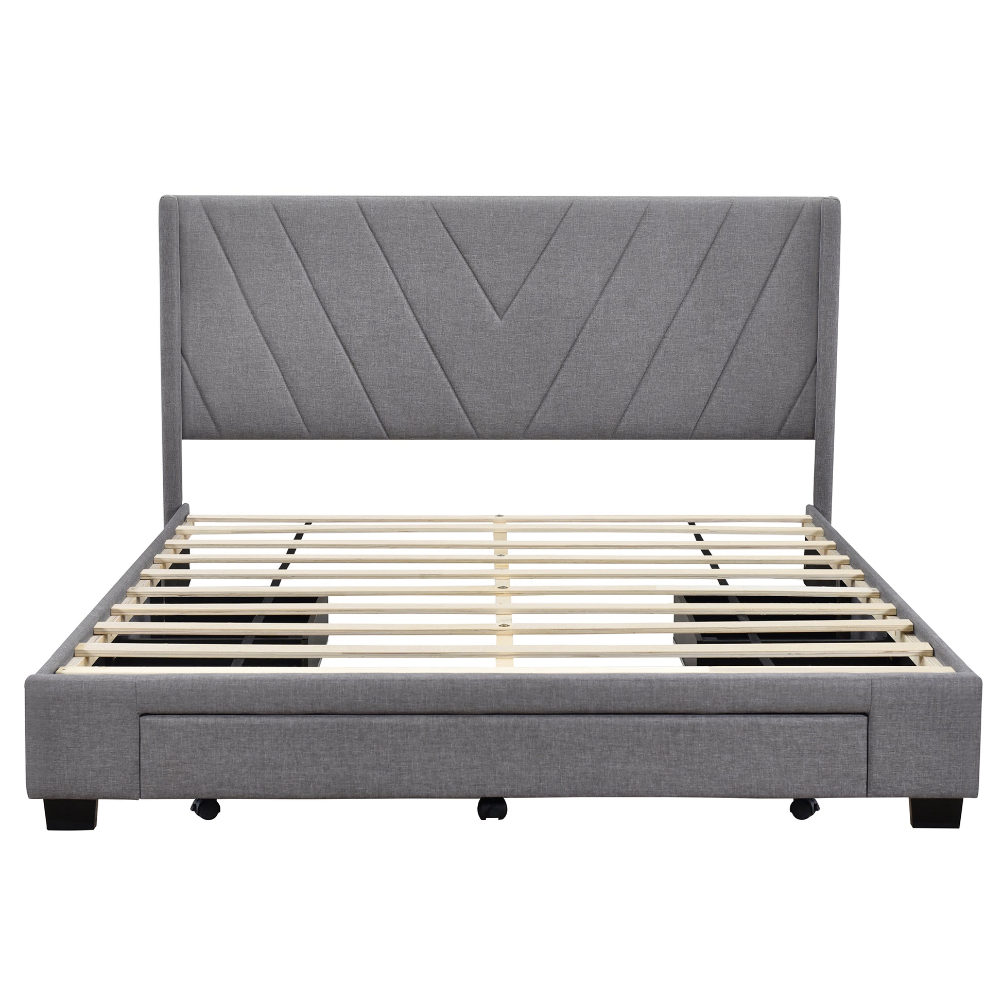 Queen Size Storage Bed Linen Upholstered Platform Bed With 3 Drawers Gray Gray Upholstered