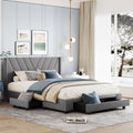 Queen Size Storage Bed Linen Upholstered Platform Bed With 3 Drawers Gray Gray Upholstered