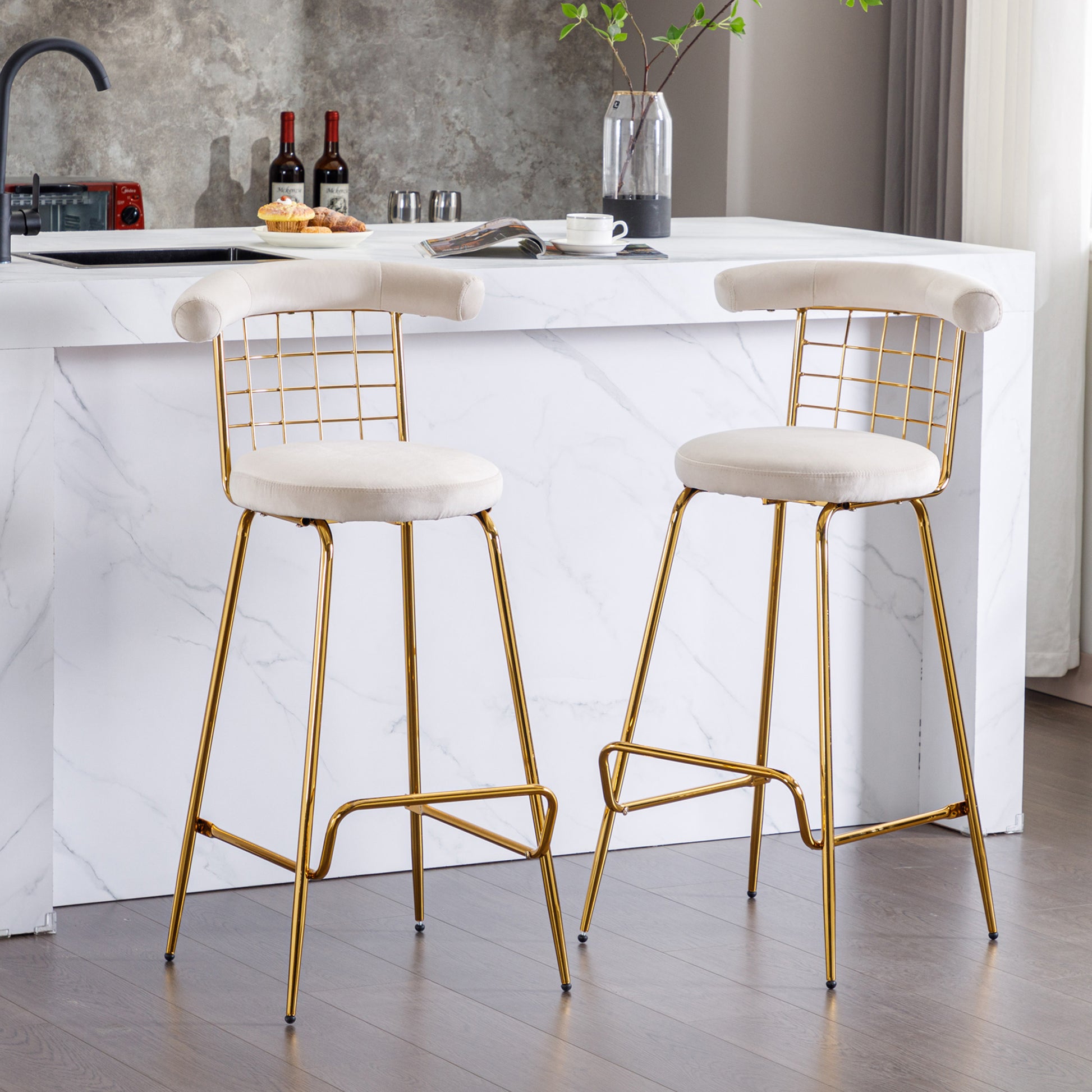 Bar Stool Set Of 2, Luxury Velvet High Bar Stool With Metal Legs And Soft Back, Pub Stool Chairs Armless Modern Kitchen High Dining Chairs With Metal Legs, Beige Beige Velvet