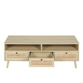 Rattan Tv Stand With Solid Wood Feet, Tv Console Table For Living Room, Natural Oak Particle Board