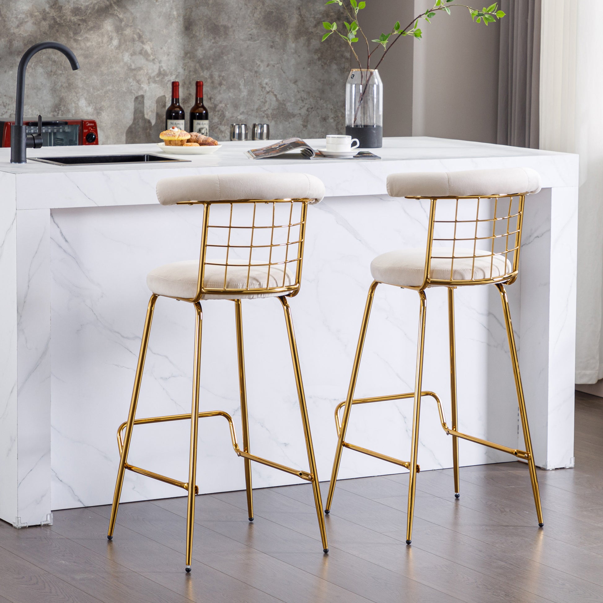 Bar Stool Set Of 2, Luxury Velvet High Bar Stool With Metal Legs And Soft Back, Pub Stool Chairs Armless Modern Kitchen High Dining Chairs With Metal Legs, Beige Beige Velvet