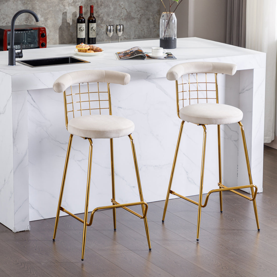 Bar Stool Set Of 2, Luxury Velvet High Bar Stool With Metal Legs And Soft Back, Pub Stool Chairs Armless Modern Kitchen High Dining Chairs With Metal Legs, Beige Beige Velvet