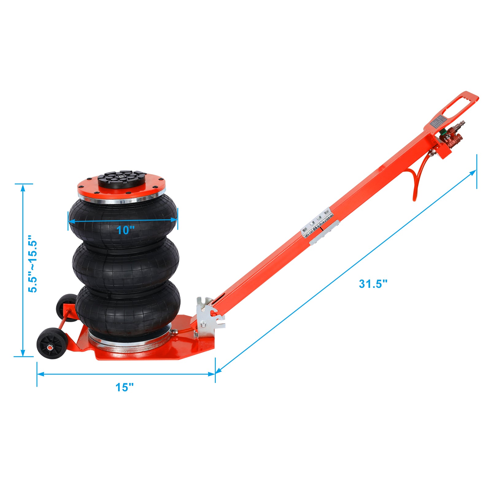 3T Triple Bag Air Jack ,Pneumatic Jack 3 Bag ,Lifting 16In Capacity 6600Lbs,Easy Collapsing Terrain,Red Color Red Iron