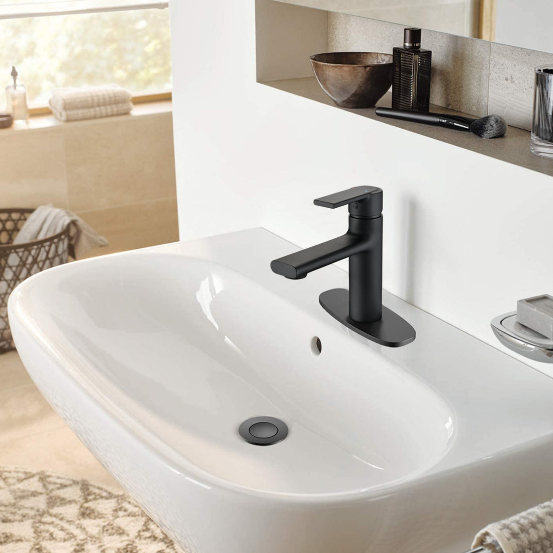 Matte Black Single Hole Bathroom Faucet With Deck Plate Matte Black Brass