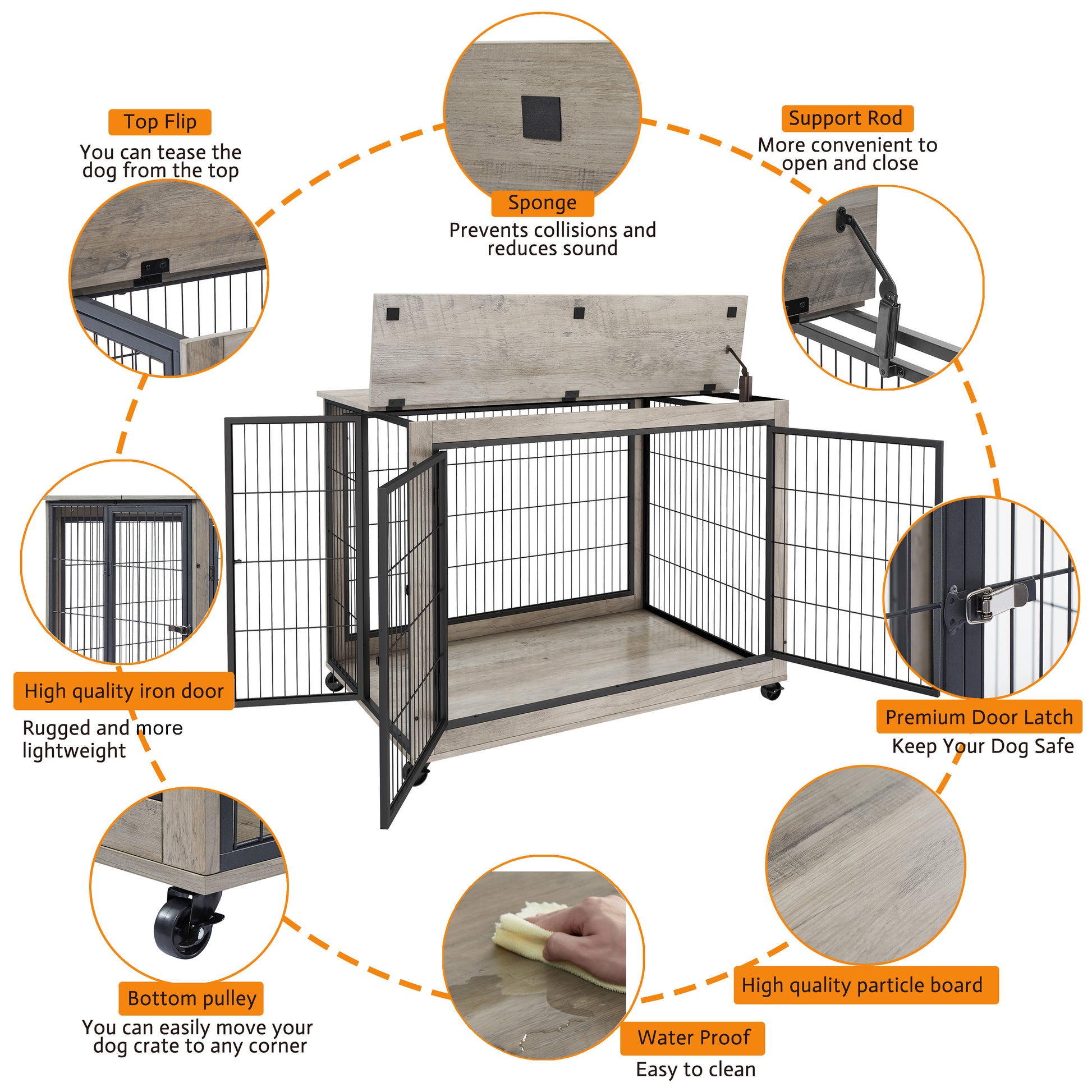 Furniture Style Dog Crate Side Table On Wheels With Double Doors And Lift Top. Grey, 43.7'' W X 30'' D X 31.1'' H. Grey Particle Board