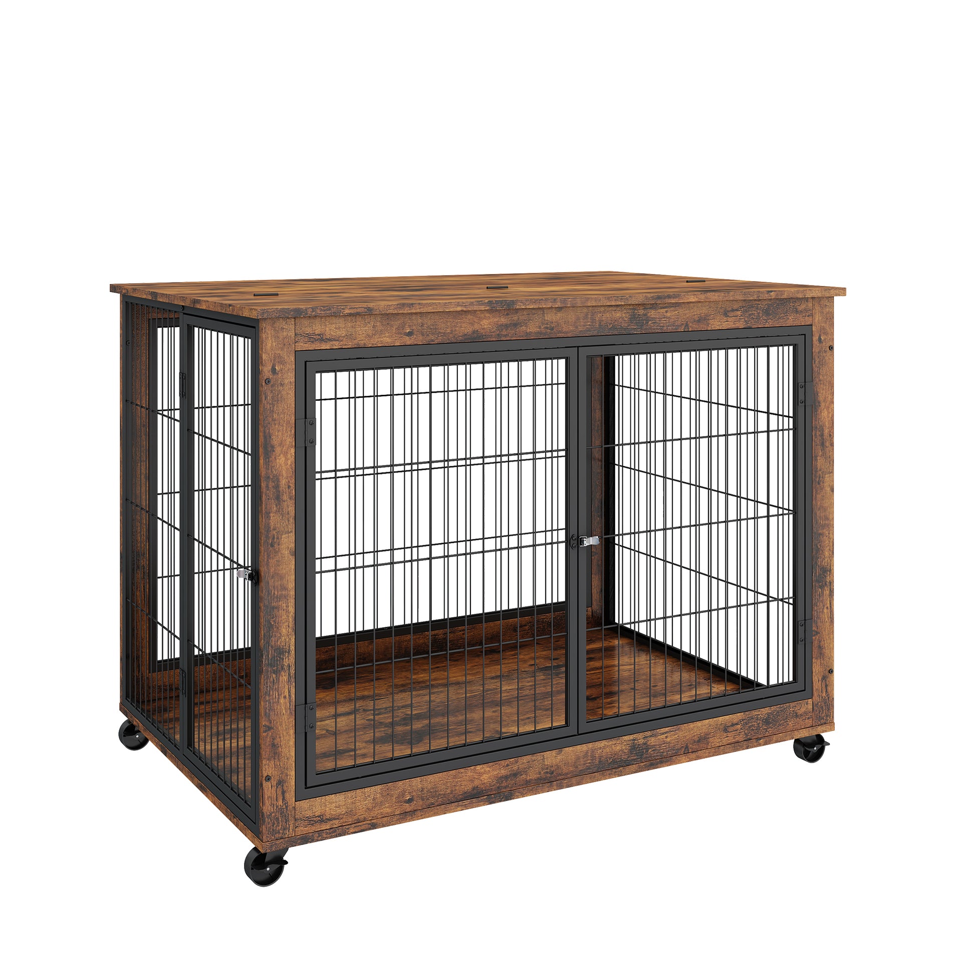 Furniture Style Dog Crate Side Table On Wheels With Double Doors And Lift Top. Rustic Brown, 43.7'' W X 30'' D X 31.1'' H. Rustic Brown Particle Board