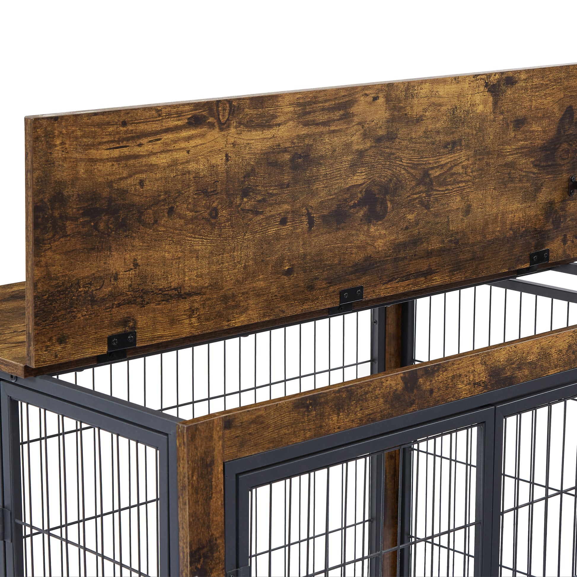 Furniture Style Dog Crate Side Table On Wheels With Double Doors And Lift Top. Rustic Brown, 43.7'' W X 30'' D X 31.1'' H. Rustic Brown Particle Board