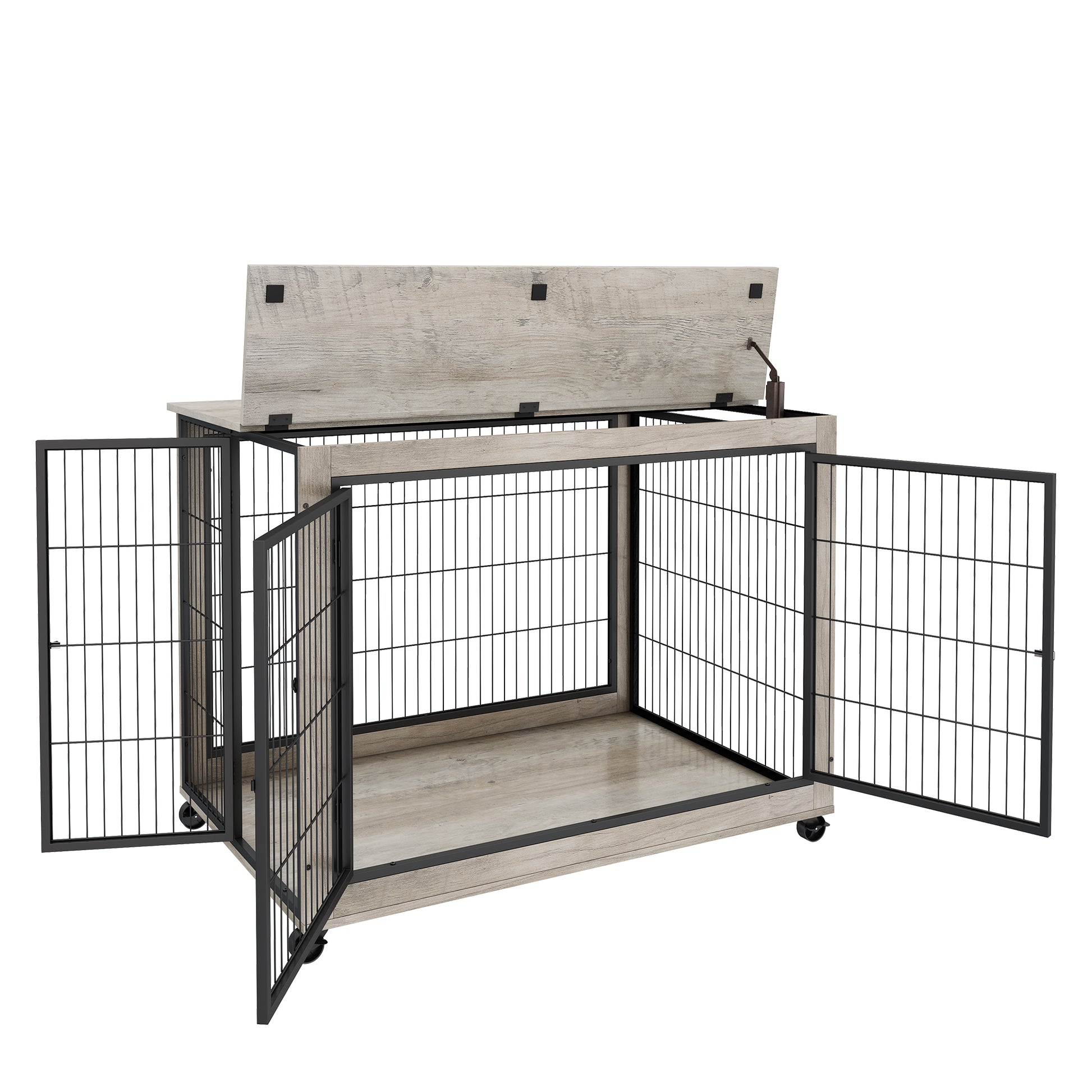 Furniture Style Dog Crate Side Table On Wheels With Double Doors And Lift Top. Grey, 43.7'' W X 30'' D X 31.1'' H. Grey Particle Board