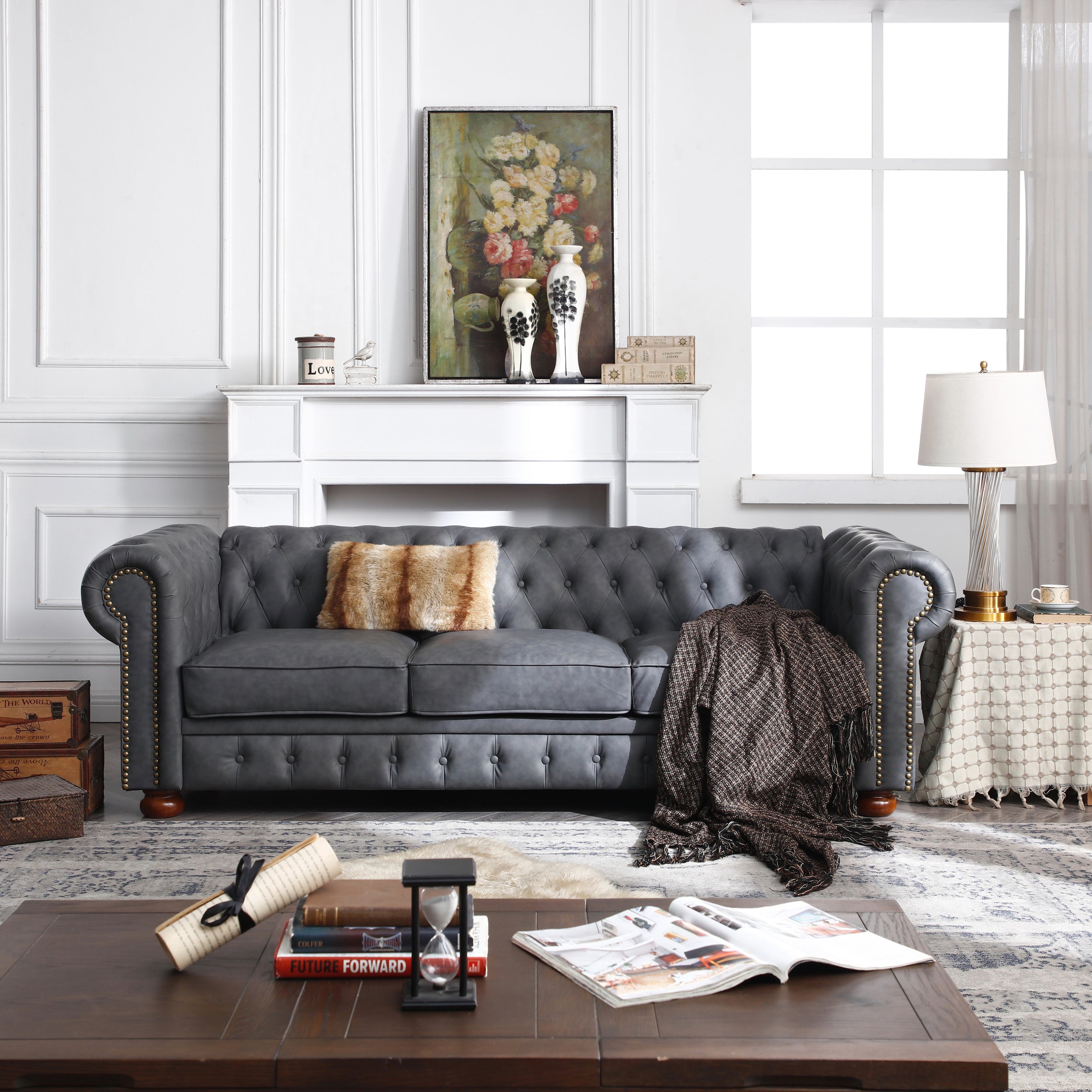Classic Chesterfield Sofa Dark Grey Faux Leather Dark Grey Foam Techni