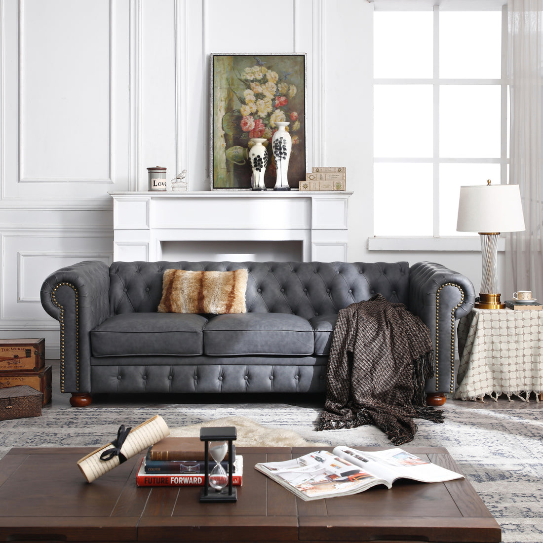 Classic Chesterfield Sofa Dark Grey Faux Leather Dark Grey Foam Technical Leather