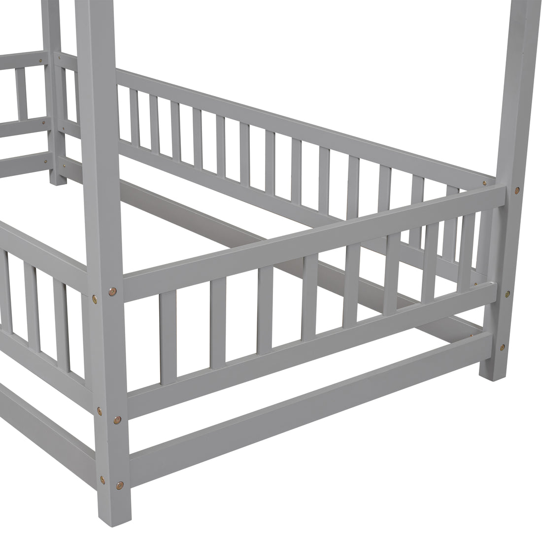 Twin Size Floor Wooden Bed With House Roof Frame, Fence Guardrails,Grey Old Sku:W50471471 Twin Grey Pine
