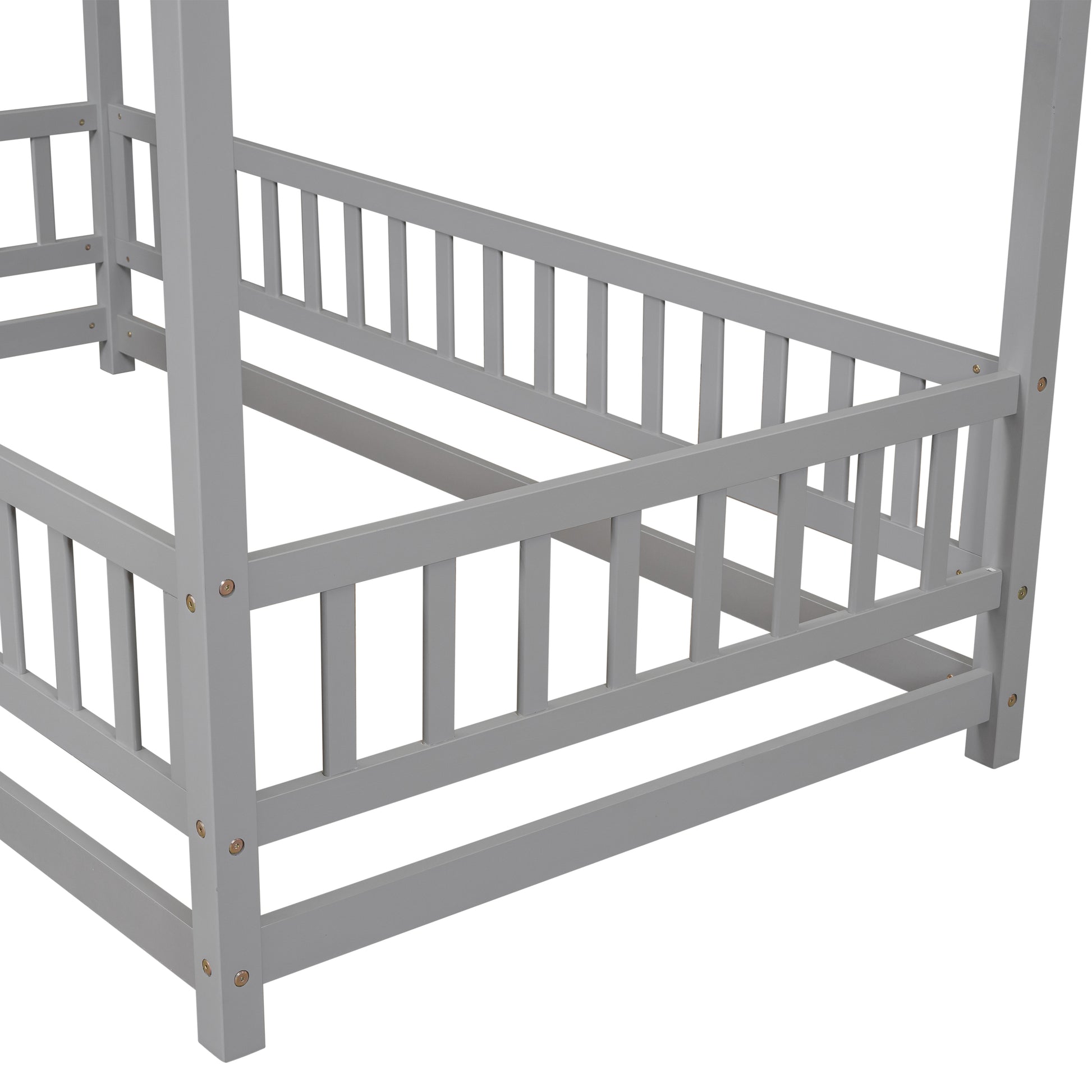 Twin Size Floor Wooden Bed With House Roof Frame, Fence Guardrails,Grey Old Sku:W50471471 Twin Grey Pine