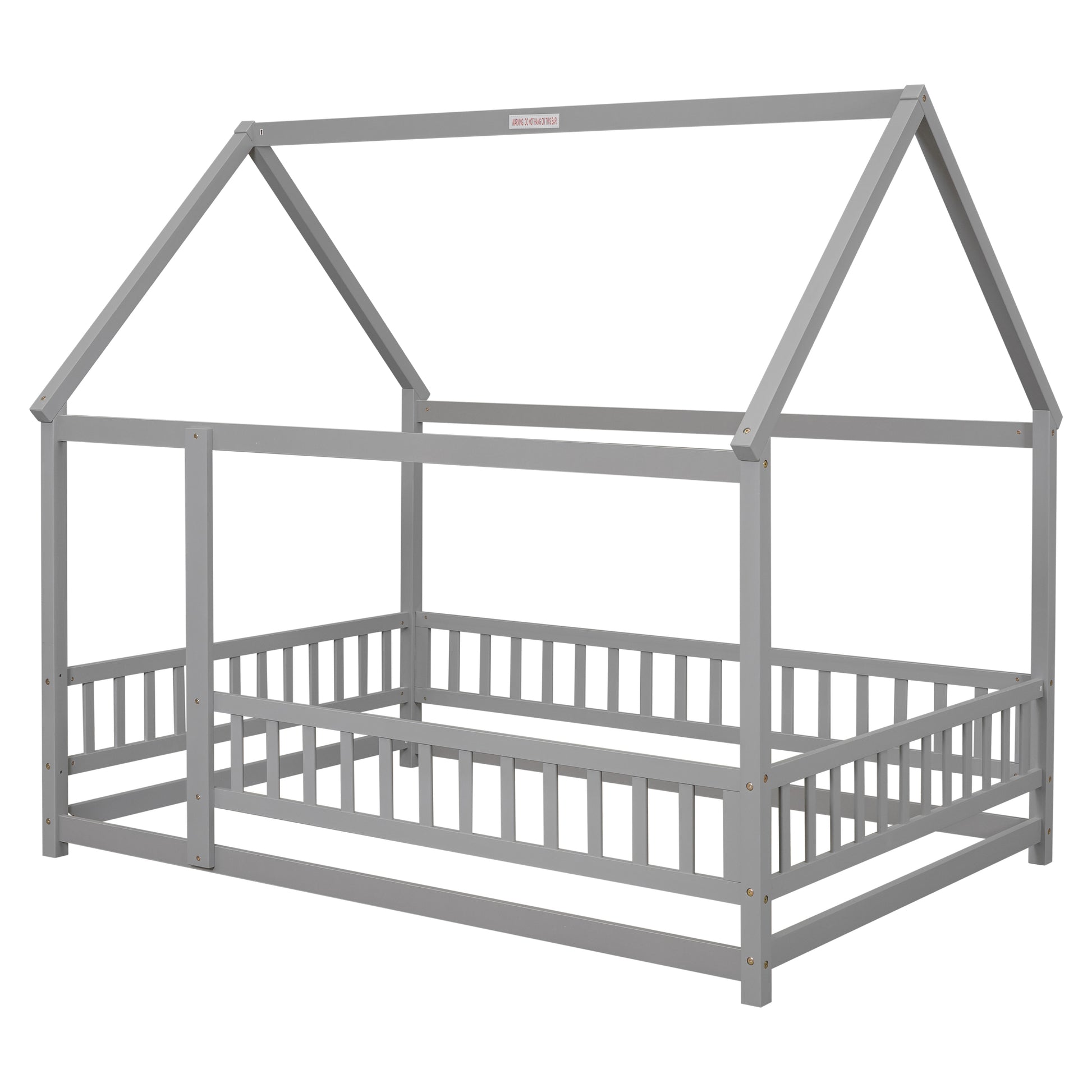 Full Size Floor Wooden Bed With House Roof Frame, Fence Guardrails ,Grey Old Sku:W50471474 Full Grey Pine