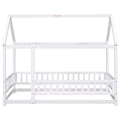 Twin Size Floor Wooden Bed With House Roof Frame, Fence Guardrails,White Old Sku:W50471472 Twin White Pine