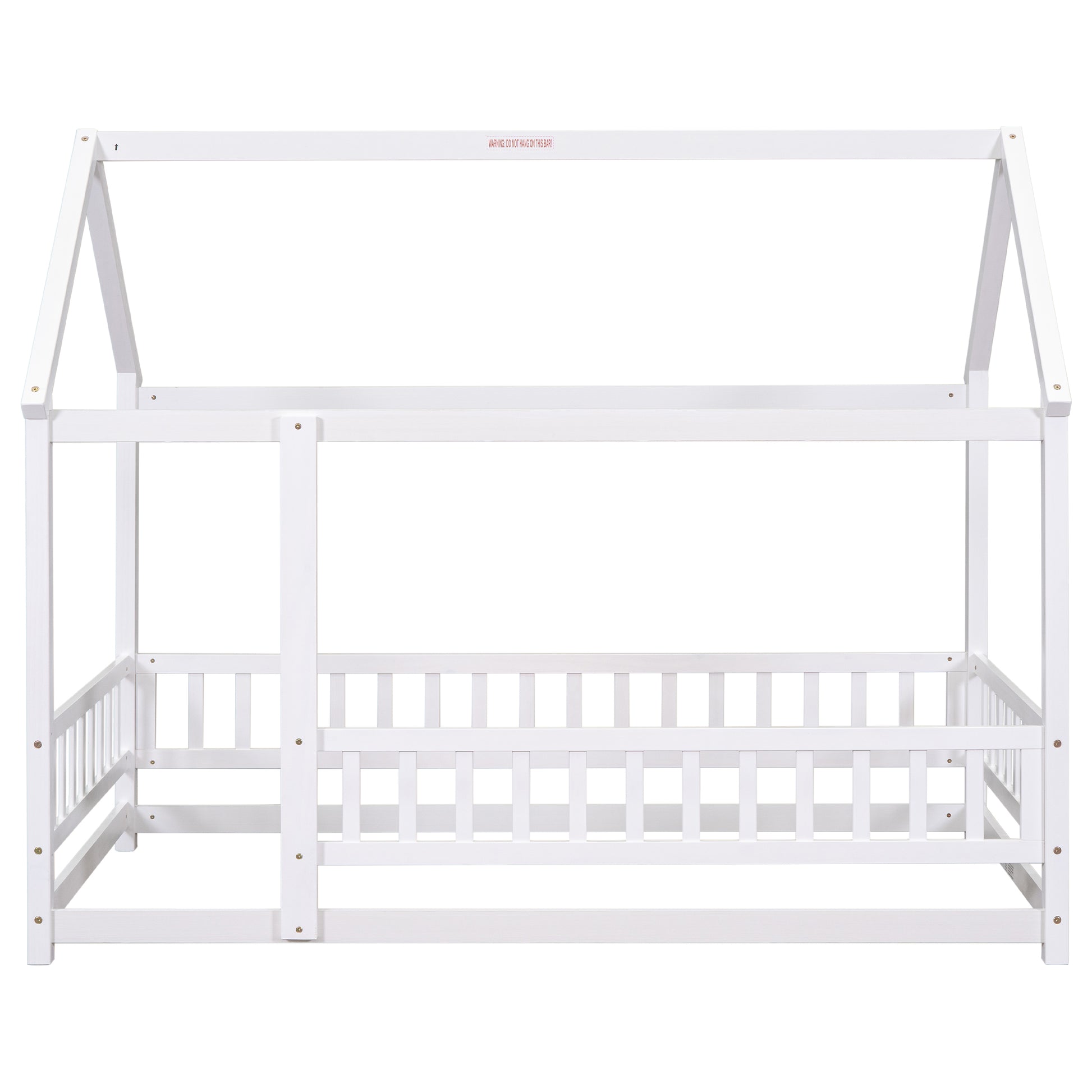 Twin Size Floor Wooden Bed With House Roof Frame, Fence Guardrails,White Old Sku:W50471472 Twin White Pine