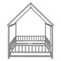 Full Size Floor Wooden Bed With House Roof Frame, Fence Guardrails ,Grey Old Sku:W50471474 Full Grey Pine