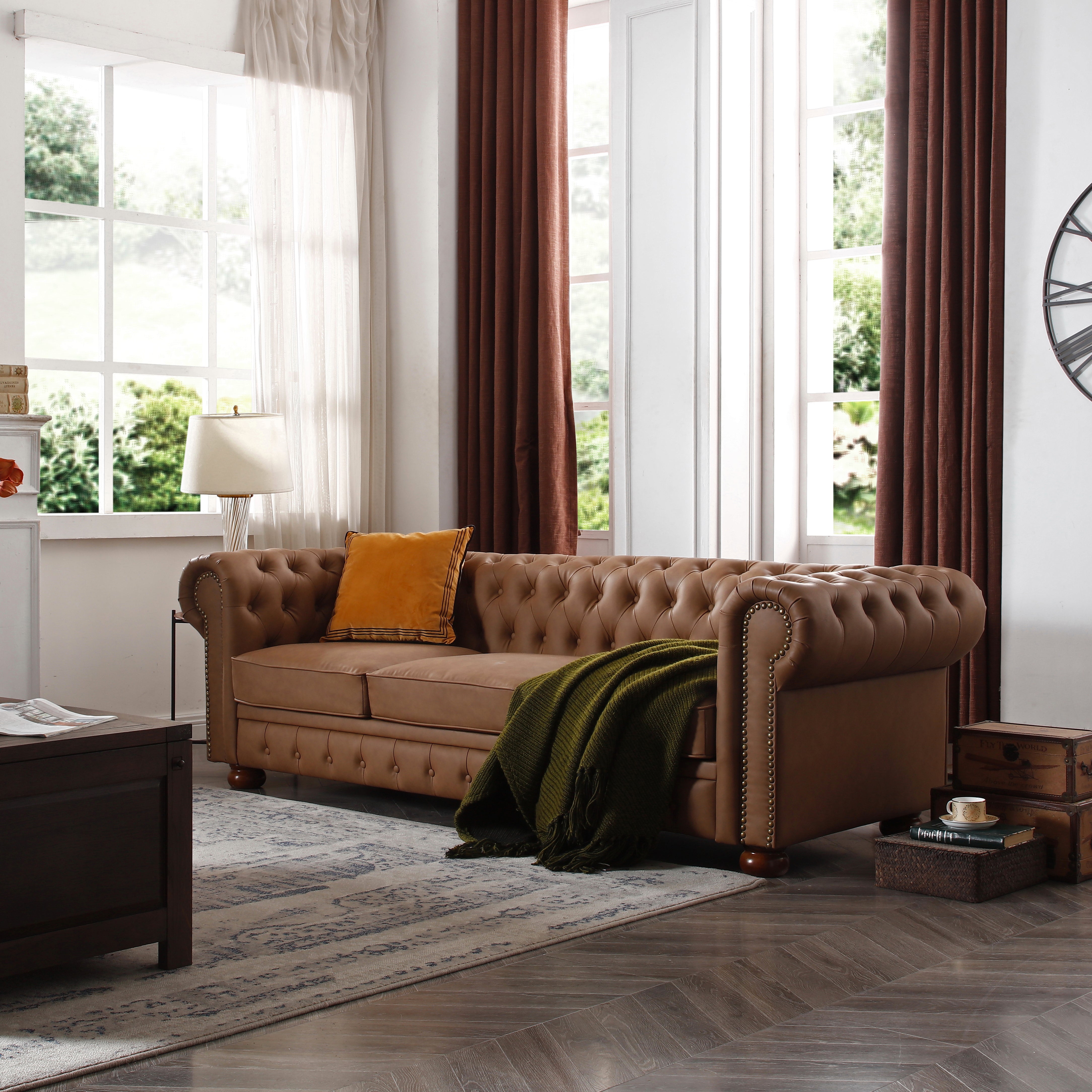 Classic Chesterfield Sofa Brown Faux Leather Brown Foam Classic Chesterfield Sofa Brown Faux Leather Brown Foam