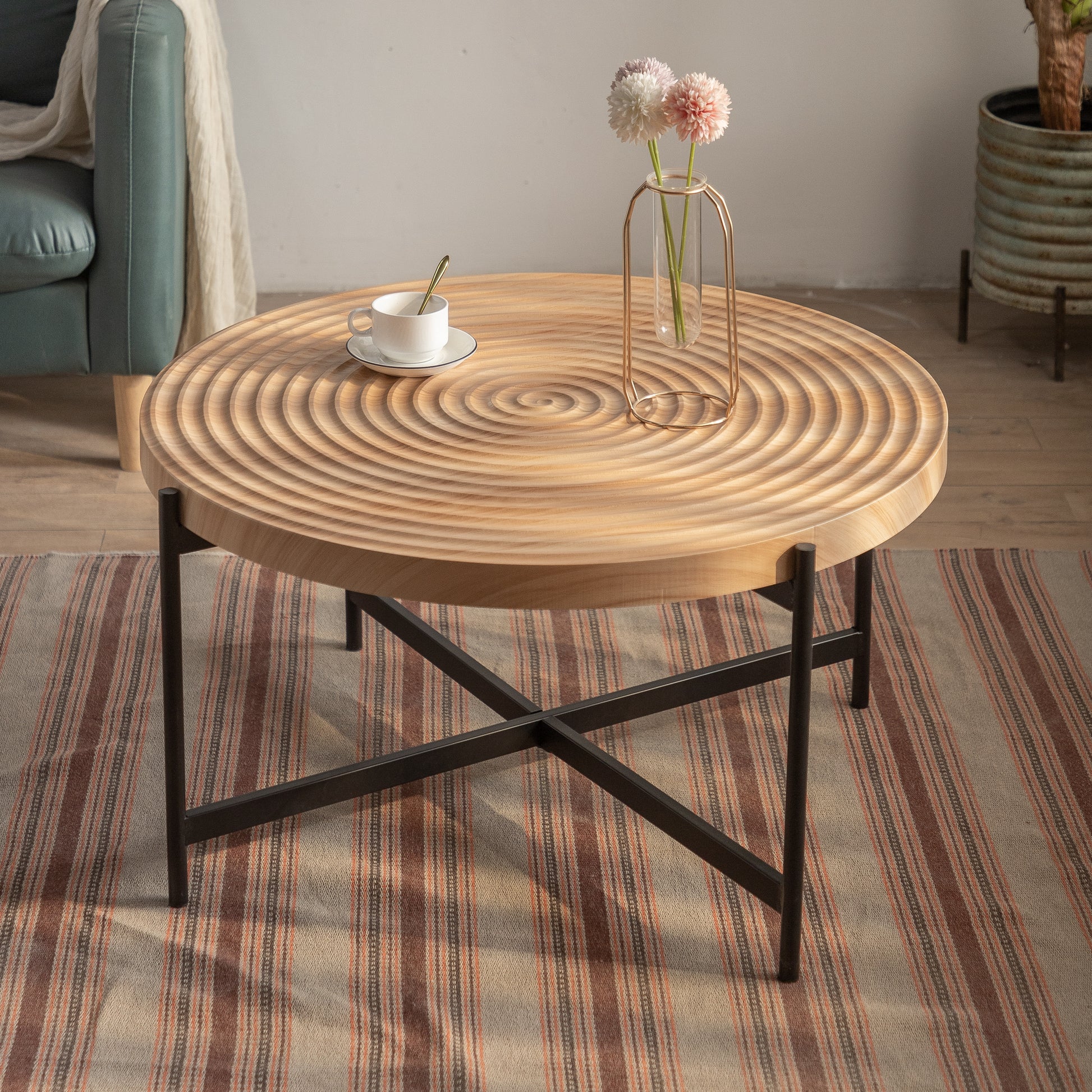 33"Modern Thread Design Round Coffee Tablemdf Table Top With Cross Legs Metal Base Natural Mdf