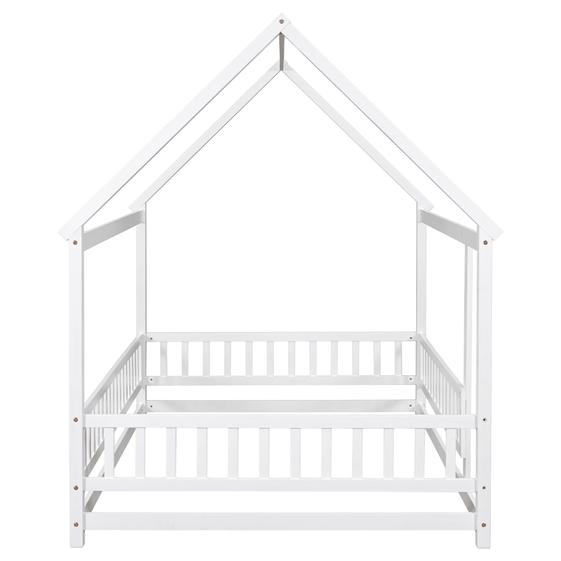 Full Size Floor Wooden Bed With House Roof Frame, Fence Guardrails ,White Old Sku:W50471475 Full White Pine