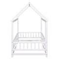 Twin Size Floor Wooden Bed With House Roof Frame, Fence Guardrails,White Old Sku:W50471472 Twin White Pine