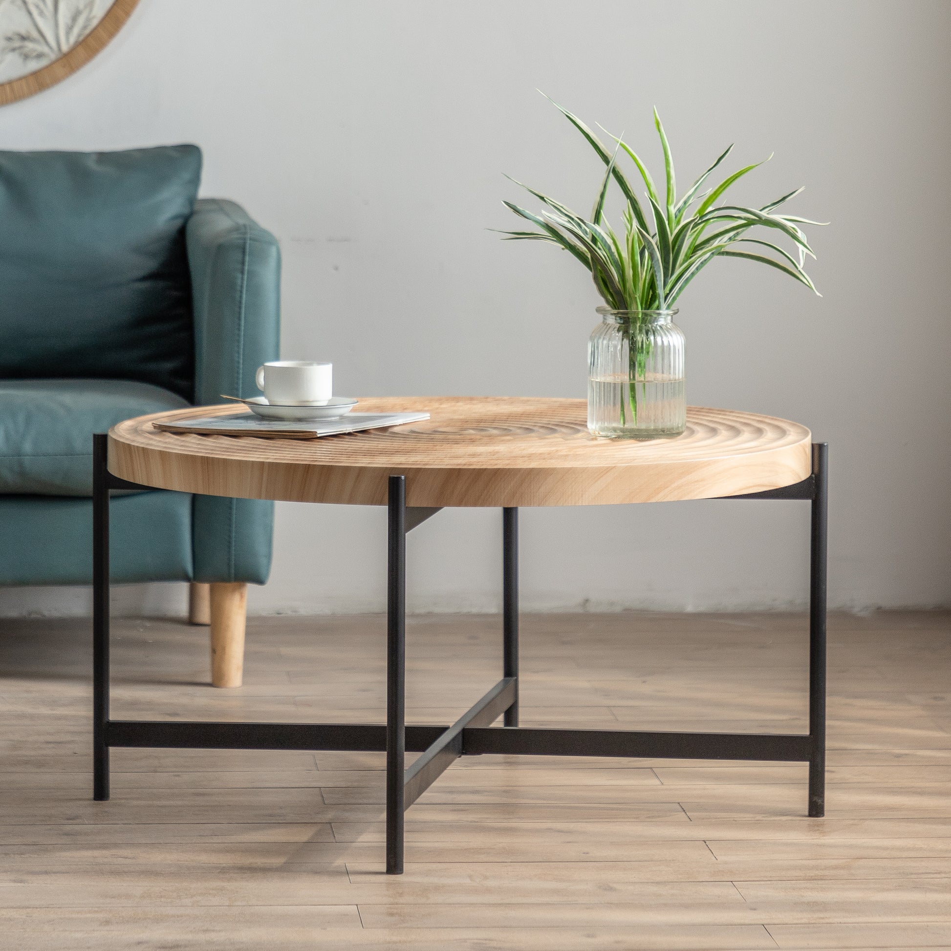 33"Modern Thread Design Round Coffee Tablemdf Table Top With Cross Legs Metal Base Natural Mdf