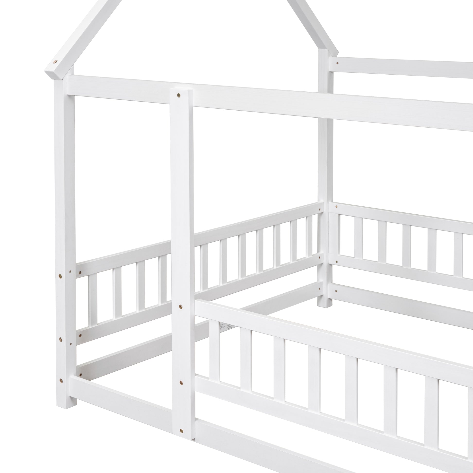 Full Size Floor Wooden Bed With House Roof Frame, Fence Guardrails ,White Old Sku:W50471475 Full White Pine