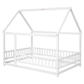 Full Size Floor Wooden Bed With House Roof Frame, Fence Guardrails ,White Old Sku:W50471475 Full White Pine