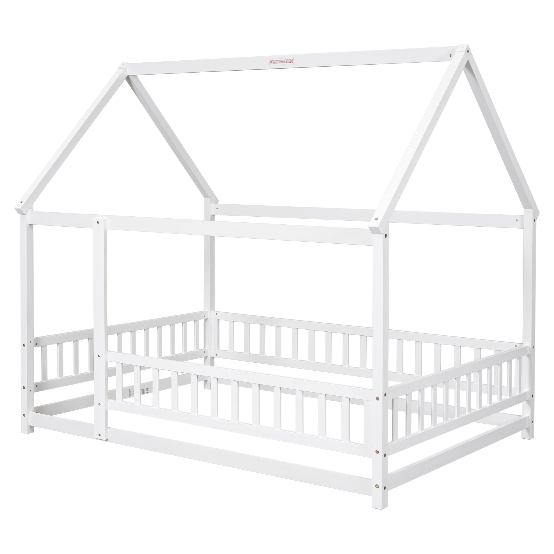 Full Size Floor Wooden Bed With House Roof Frame, Fence Guardrails ,White Old Sku:W50471475 Full White Pine