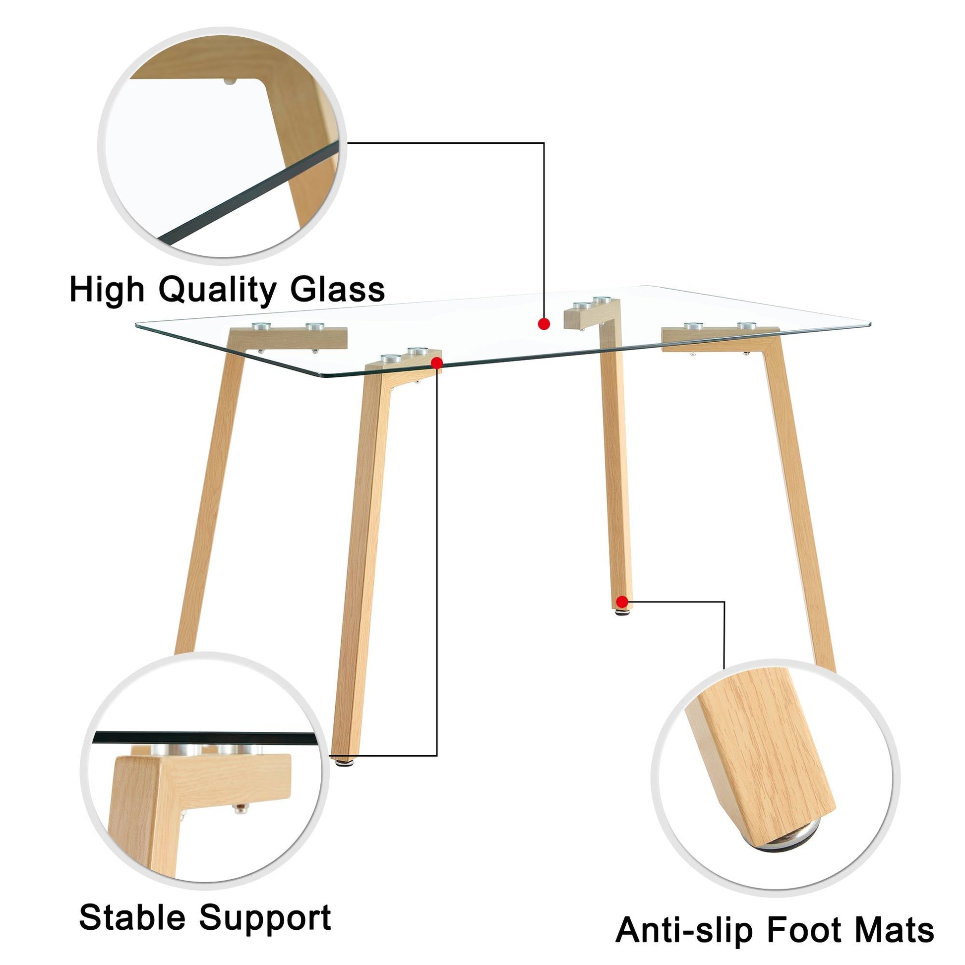 Glass Dining Table Modern Minimalist Rectangle, 4 6, 0.31 "Tempered Glass Tabletop With Wooden Coated Metal Legs, Writing Desk, Suitable For Kitchens, Restaurants, And Living Rooms, 51" W X 31"D X 30" Transparent Glass