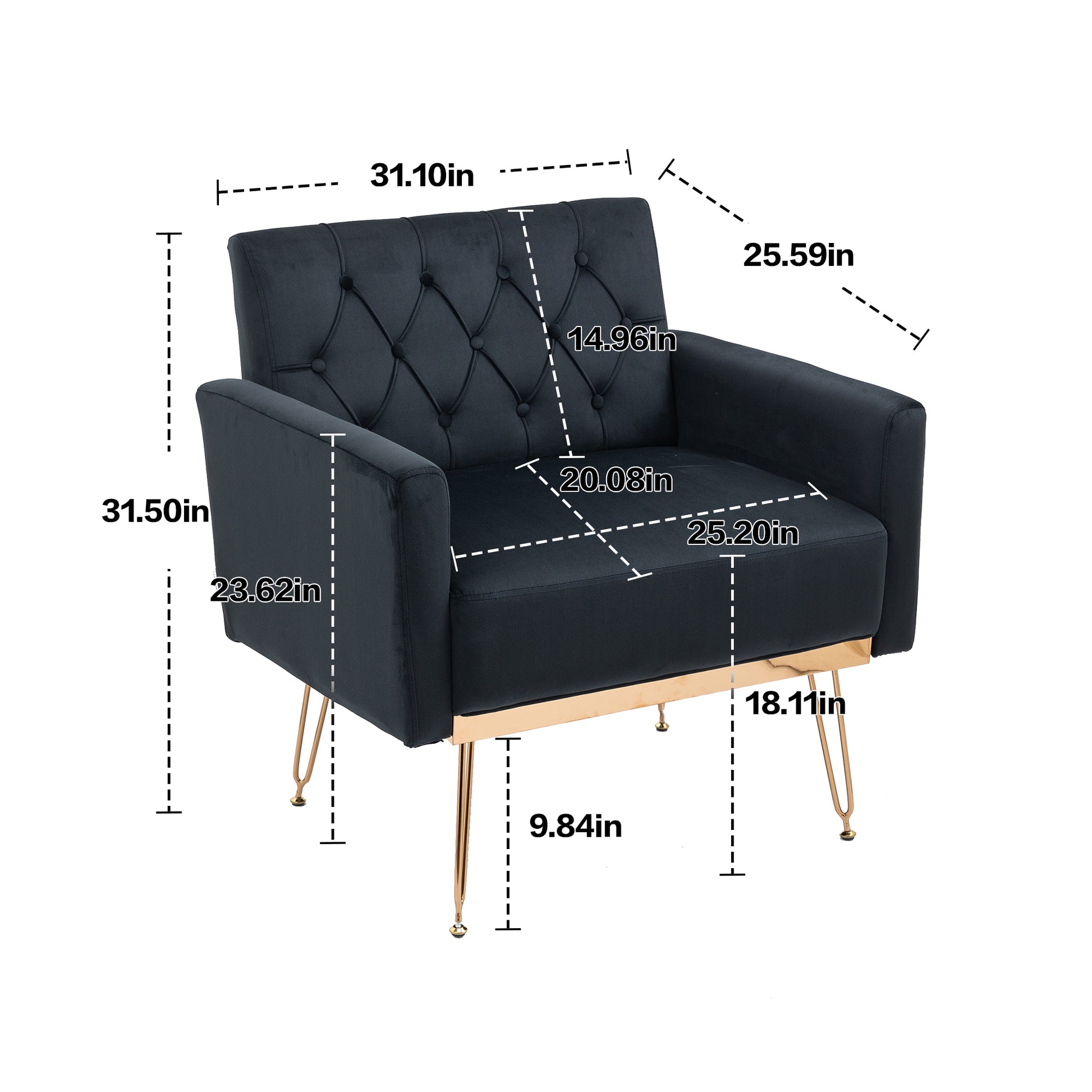 Coolmore Velvet Armchair Single Sofa Modern Tufted Upholstered Side Reading Chairs With Arm And Gold Metal Leg For Living Room Bedroom Black Black Foam Velvet