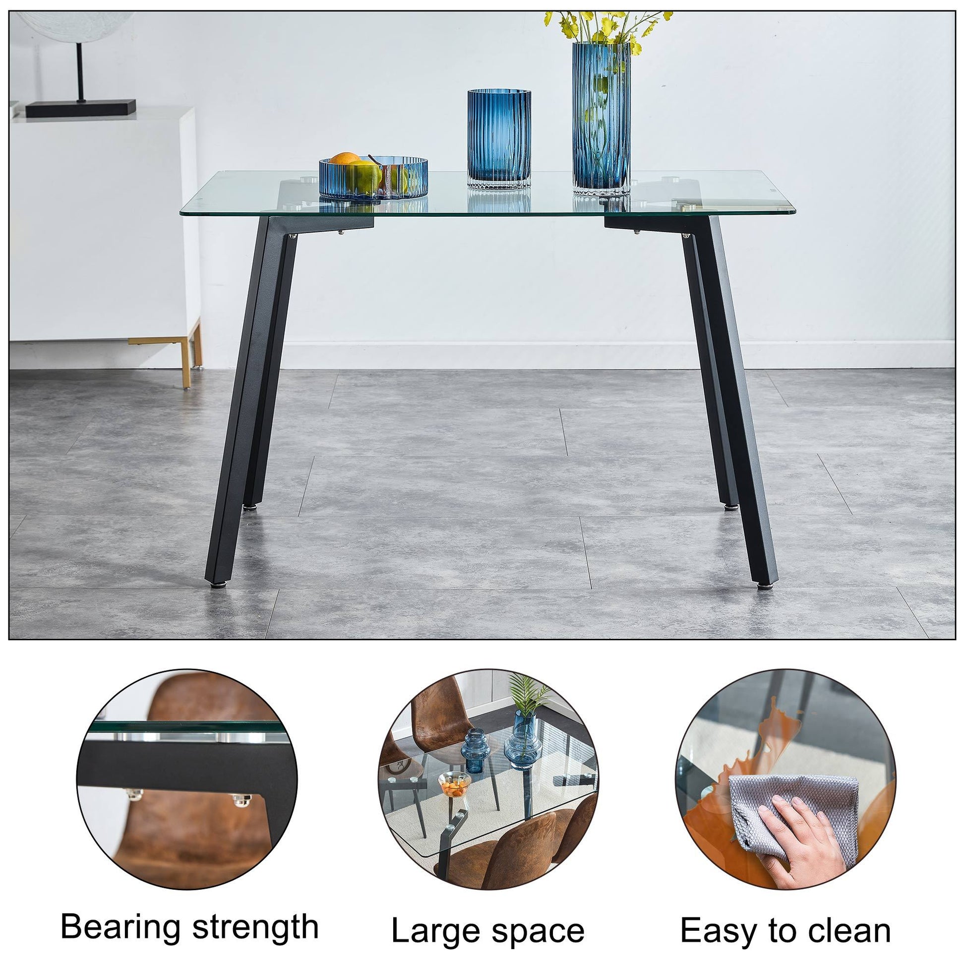 Modern Minimalist Rectangular Glass Dining Table For 4 6 With 0.31" Tempered Glass Tabletop And Black Coating Metal Legs, Writing Table Desk, For Kitchen Dining Living Room, 51" W X 31"D X 30" H 1123 Black Glass