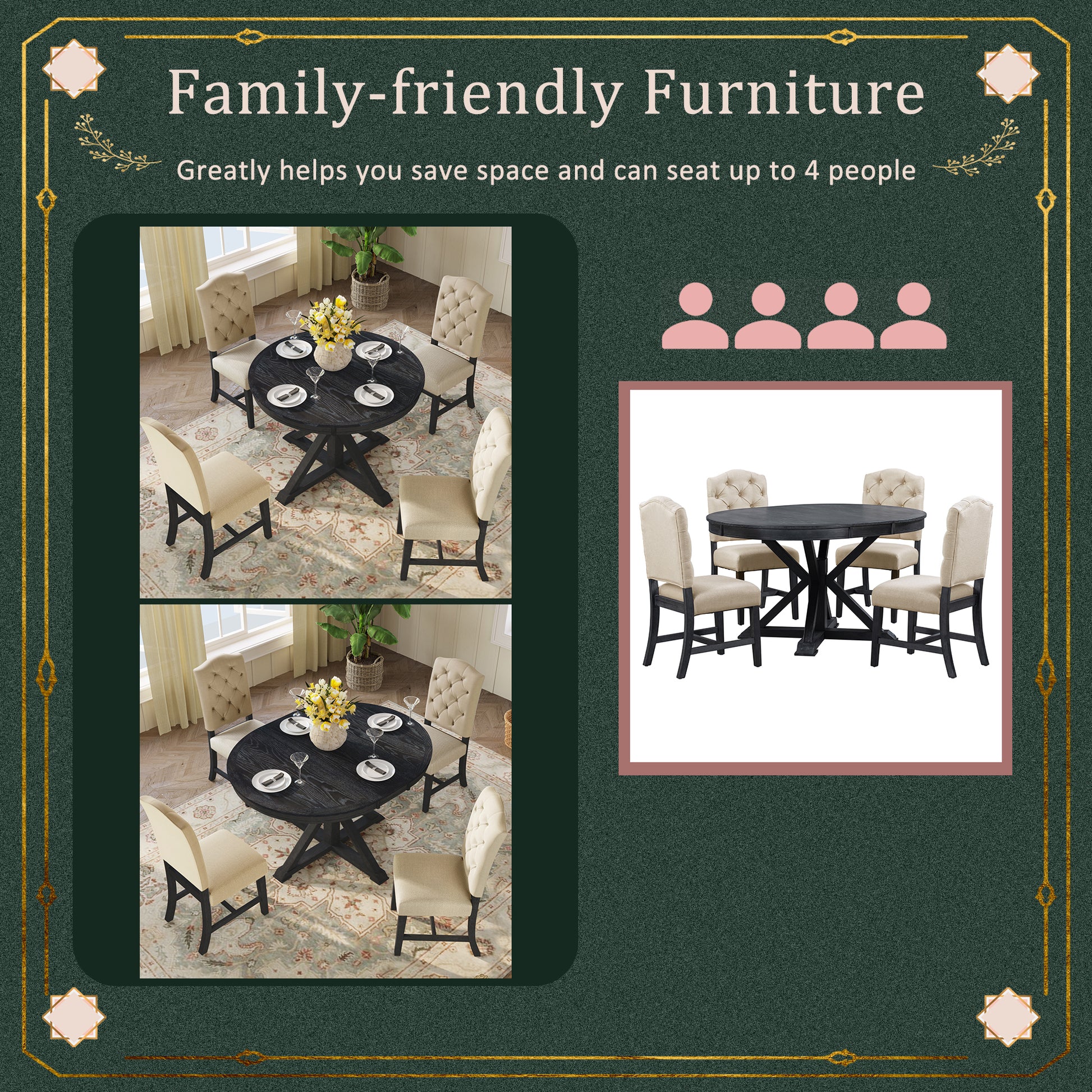 Functional Furniture Retro Style Dining Table Set With Extendable Table And 4 Upholstered Chairs For Dining Room And Living Room Espresso Espresso Solid Wood