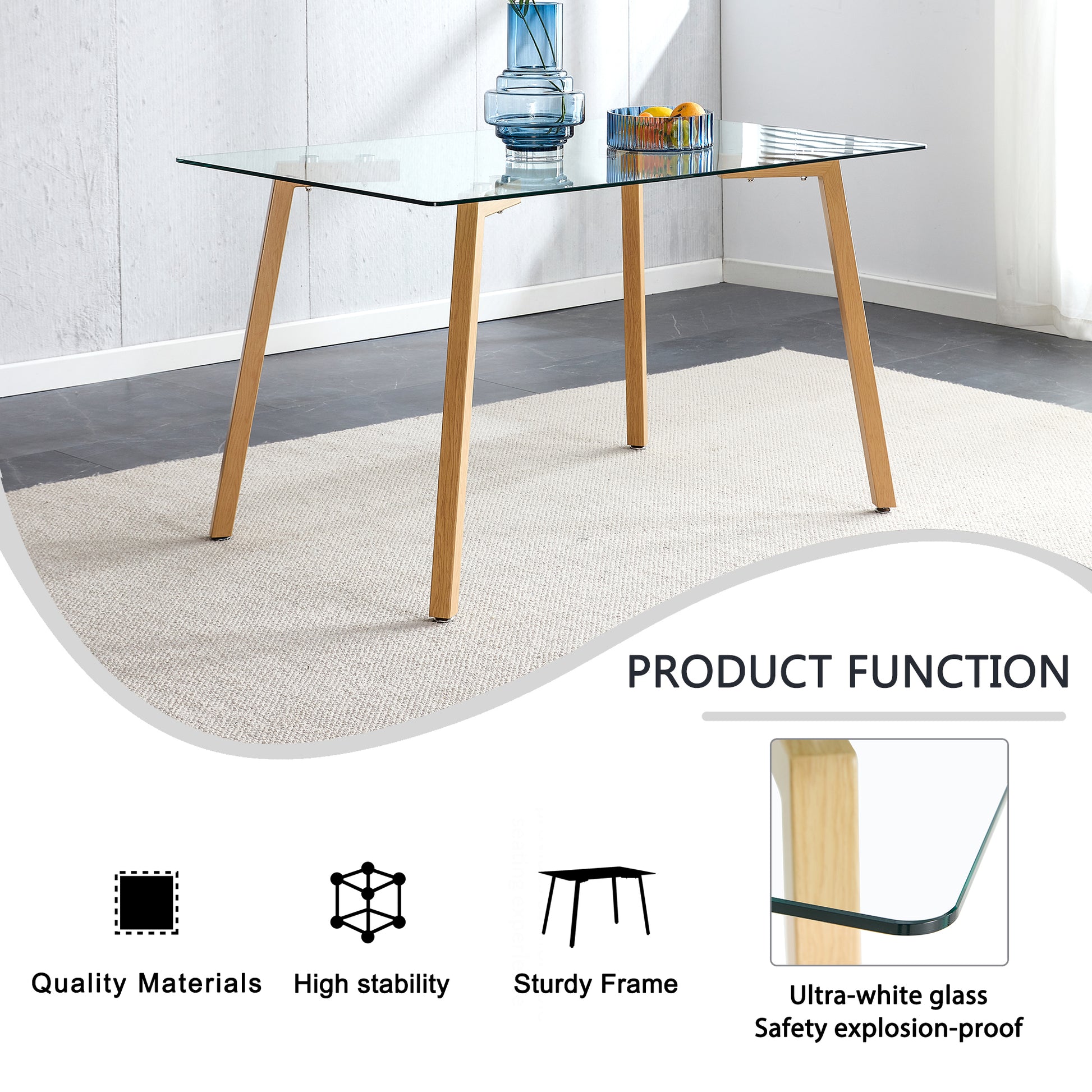 Glass Dining Table Modern Minimalist Rectangle, 4 6, 0.31 "Tempered Glass Tabletop With Wooden Coated Metal Legs, Writing Desk, Suitable For Kitchens, Restaurants, And Living Rooms, 51" W X 31"D X 30" Transparent Glass