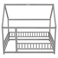 Full Size Floor Wooden Bed With House Roof Frame, Fence Guardrails ,Grey Old Sku:W50471474 Full Grey Pine