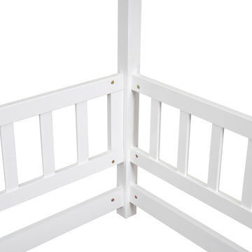 Full Size Floor Wooden Bed With House Roof Frame, Fence Guardrails ,White Old Sku:W50471475 Full White Pine