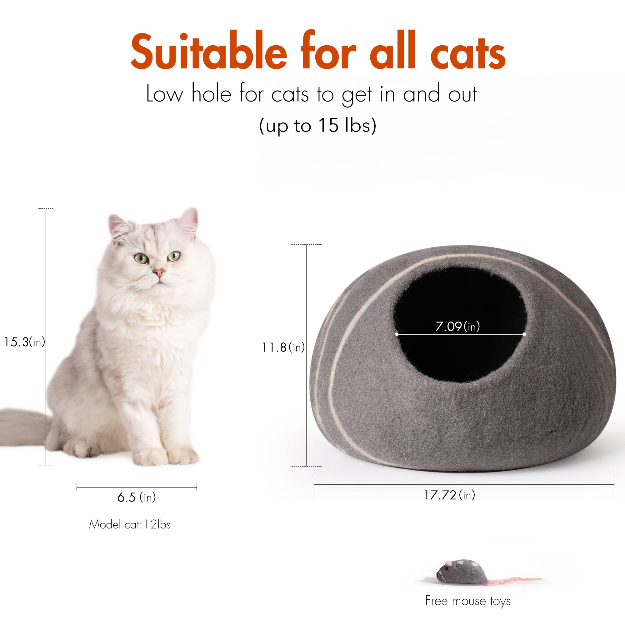 Cat Cave Bed Handmade Wool Cat Bed Cave with Mouse Toy medium grey-wool
