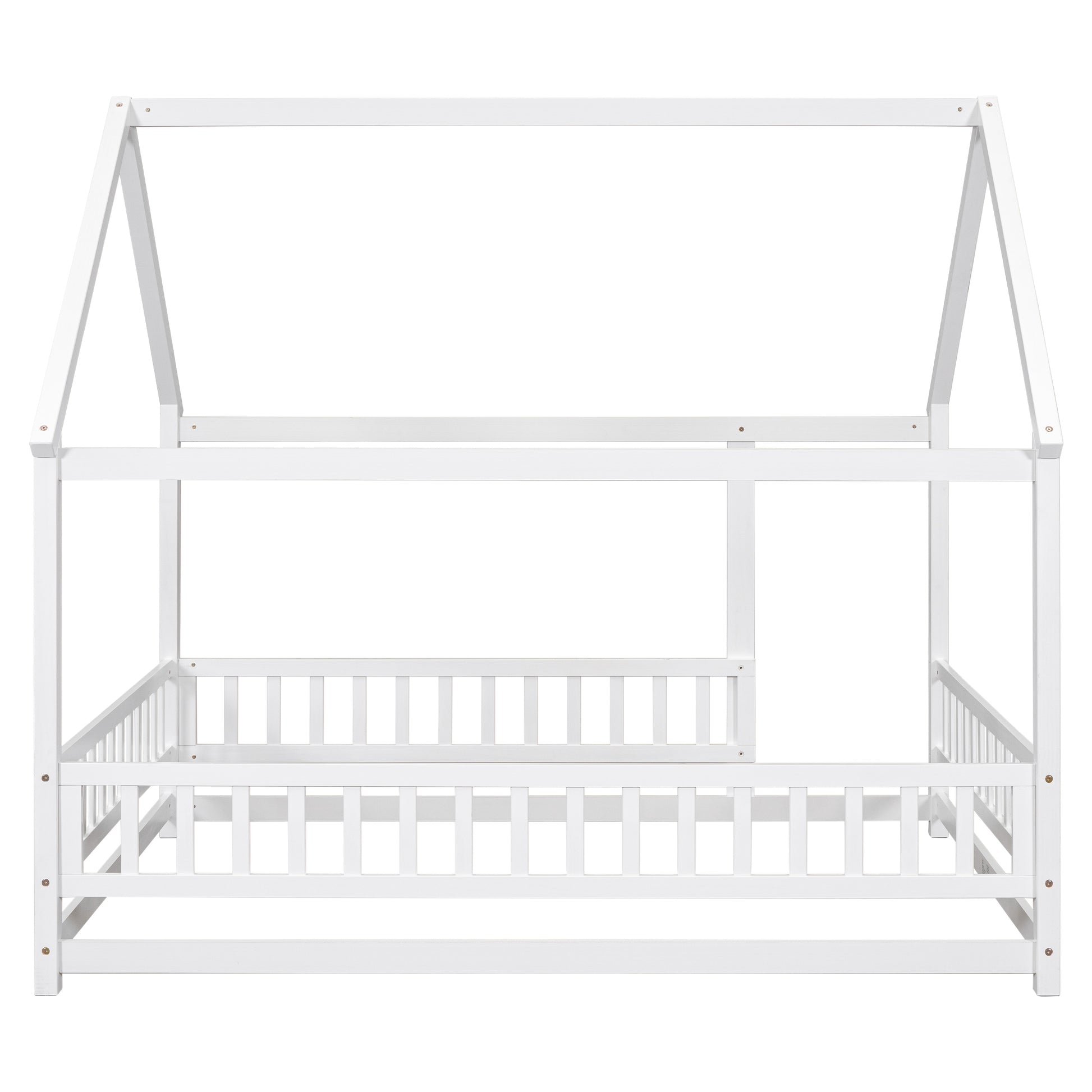 Full Size Floor Wooden Bed With House Roof Frame, Fence Guardrails ,White Old Sku:W50471475 Full White Pine
