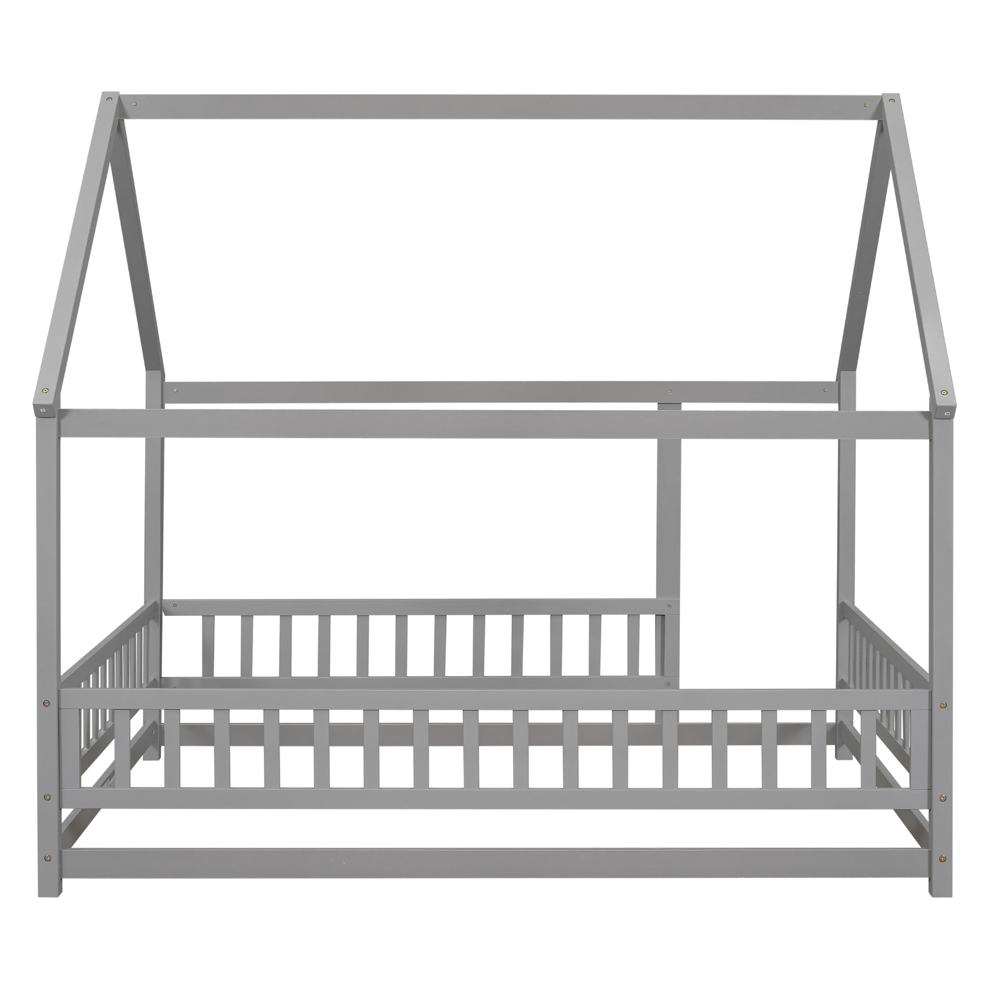 Full Size Floor Wooden Bed With House Roof Frame, Fence Guardrails ,Grey Old Sku:W50471474 Full Grey Pine