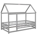 Twin Size Floor Wooden Bed With House Roof Frame, Fence Guardrails,Grey Old Sku:W50471471 Twin Grey Pine